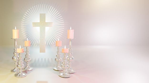 Cruz cristiana cerca de las velas encendidas 3d render