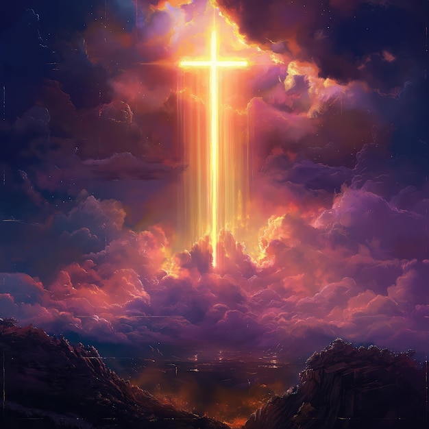 Cruz cristiana en el cielo con rayos de luz Ilustración 3D