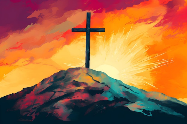 Foto cruz cristiana en la cima de una colina bajo el sol