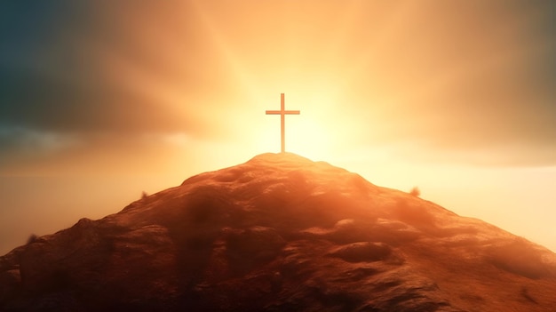 Cruz cristiana en la cima de la montaña con un fondo de luz brillante