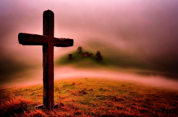 Cruz cristiana en una colina con niebla Cruz cristiana en la naturaleza IA generativa