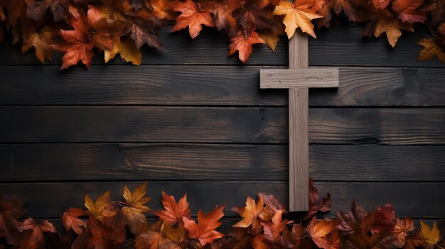 Cruz cristiana de madera con borde de hojas sobre un fondo de madera oscura con espacio de copia