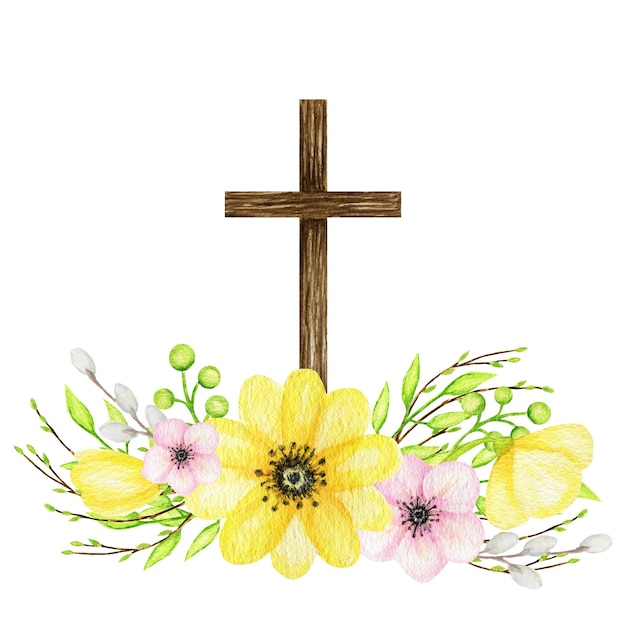 Cruz cristiana de madera con flores iglesia católica cruz floral religión aislada