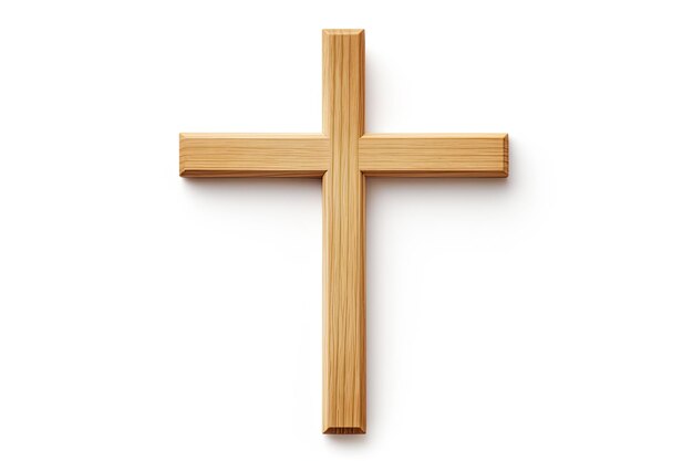 Foto cruz cristiana de madera sobre fondo blanco hecha de material de madera natural trazado de recorte incluido