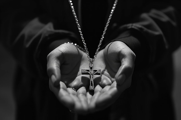 Cruz cristiana en manos de un creyente oración por la salvación elegante fotografía en blanco y negro religión Jesucristo