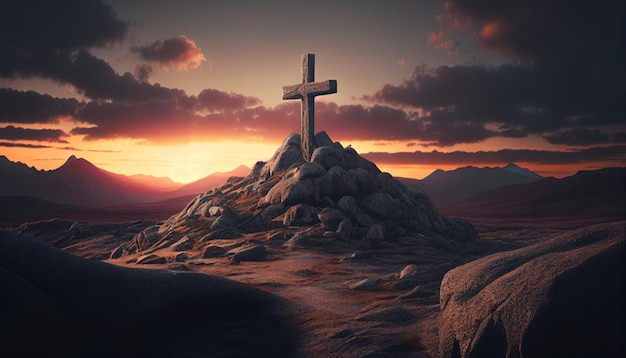 Cruz cristiana en la montaña con puesta de sol y hermoso cielo Cruz de la cumbre de la montaña IA generativa