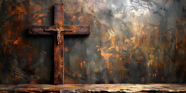 Cruz cristiana oxidada en fondo gris con espacio para texto tema religioso Concepto Simbolismo religioso Estética rústica Espacio de texto Iconografía cristiana Fondo gris