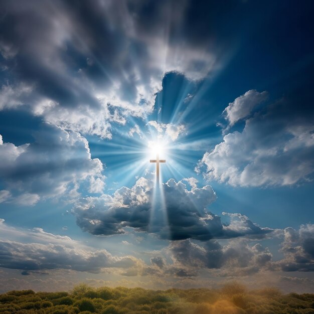 Foto cruz cristiana vista en el cielo nublado con el concepto de religión solar