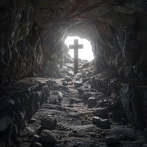 Foto una cruz en una cueva con el sol brillando a través de la ventana