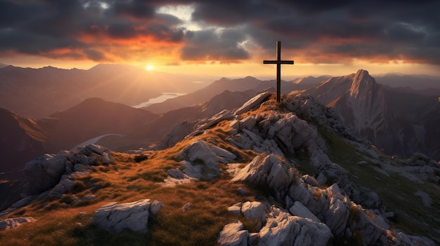 Cruz de la cumbre de la montaña en el pico alpino al atardecer Generativo ai