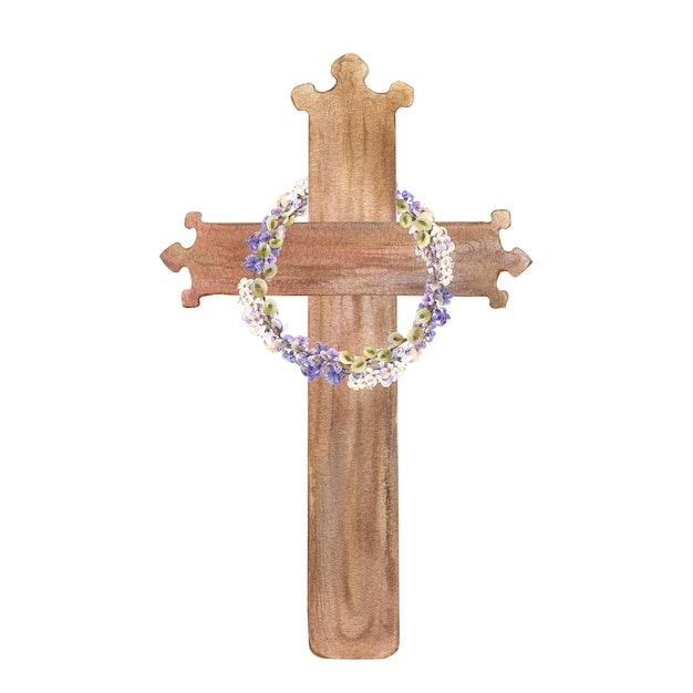 Cruz de aquarela com coroa de flores buquês de Páscoa símbolo religioso católico cruz ortodoxa para