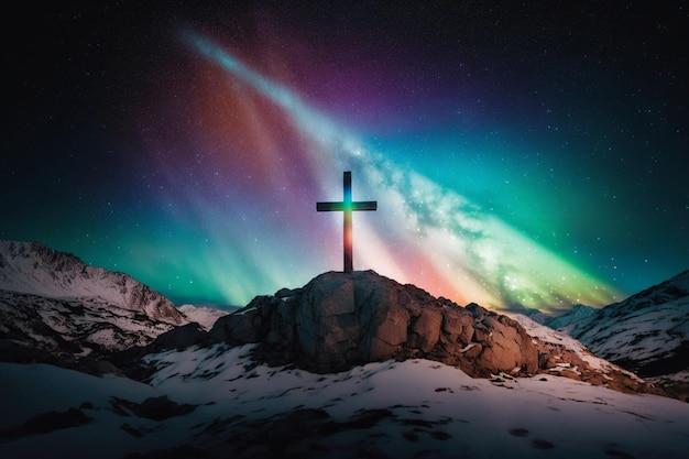 Cruz de Cristo no topo do penhasco, céu estrelado, aurora boreal no céu noturno, IA generativa