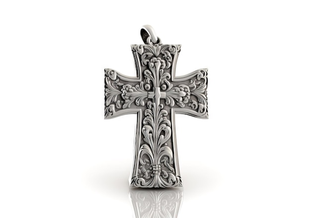 Foto cruz de crucifixo prateado com isolado em branco generativo ai