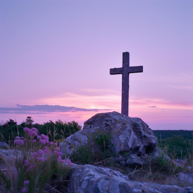 Cruz de Jesus Cristo no topo da montanha durante o pôr do sol