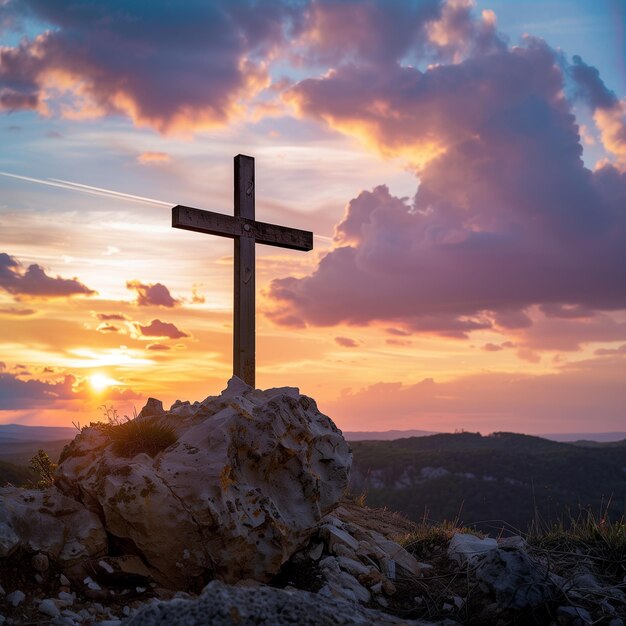 Cruz de Jesus Cristo no topo da montanha durante o pôr do sol