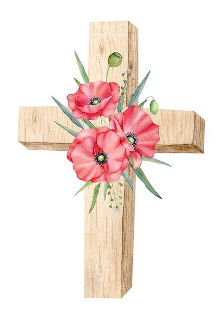 Cruz de madeira com elemento de design de aquarela de flor de papoula vermelha para o dia da lembrança dia anzac para que não f