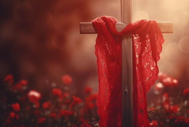 Cruz de madeira com um pano vermelho sobre flores no fundo