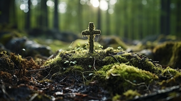Cruz de madeira em musgo cenário funerário floresta escavado cemitério na floresta uma sepultura natural enterro de árvore