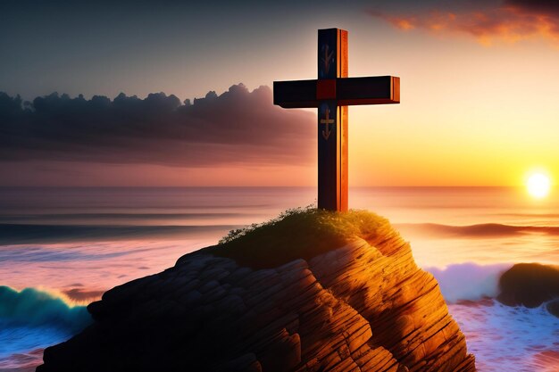 Cruz de madeira num penhasco com vista para o oceano ao pôr do sol, símbolo da ressurreição cristã