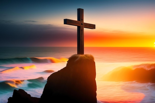 Cruz de madeira num penhasco com vista para o oceano ao pôr do sol, símbolo da ressurreição cristã