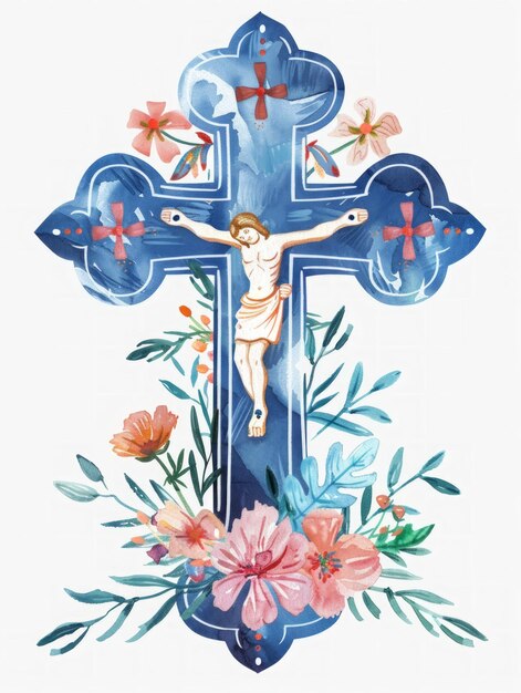 Cruz de Páscoa com Aquarela Floral Arte Generativa AI