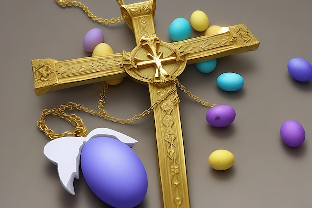 Cruz de Páscoa com ovo de Páscua com a mensagem "Ele RESUVE"