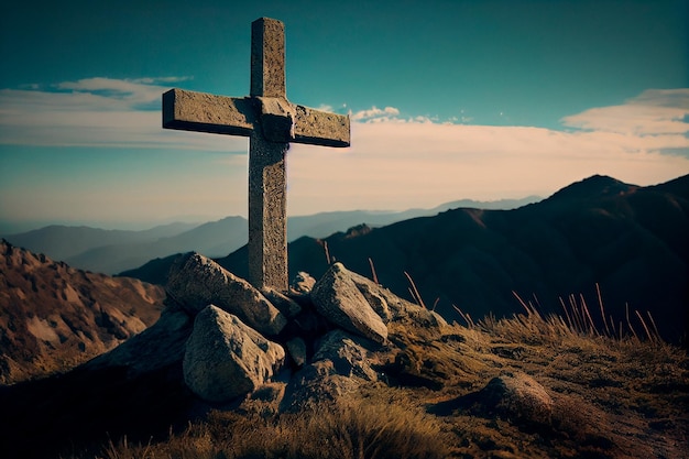 Cruz de pedra na colina Generative AI