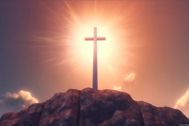 La cruz de Dios en los rayos del sol Cruz en la colina Concepto religioso AI Generativo