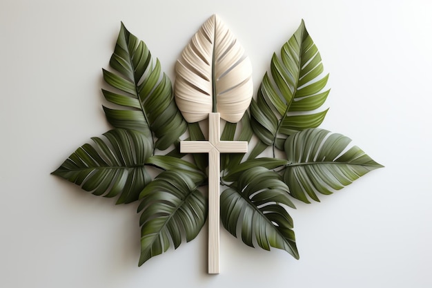 Foto cruz e folhas de palmeira em fundo de madeira branca simbolizam fé e espiritualidade criando uma atmosfera serena e pacífica imagem de cruzes de palma