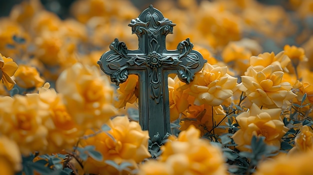 Foto cruz entre rosas amarelas no estilo do eterialismo metálico