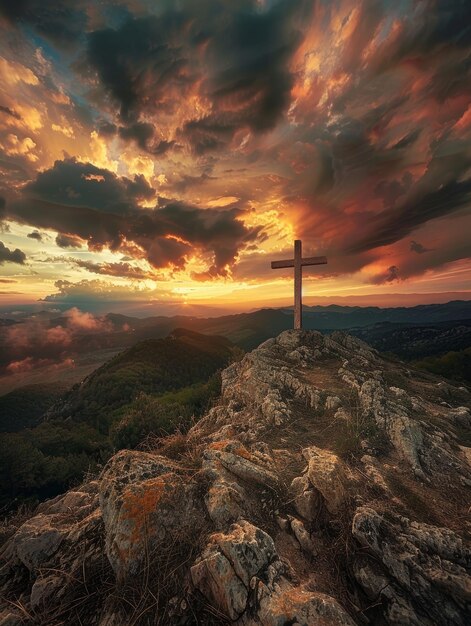 Una cruz se erige resuelta sobre rocas escarpadas mientras la puesta de sol pinta el cielo en una paleta de colores ardientes creando un momento de inspiración divina.