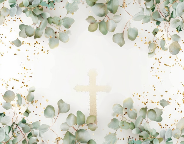 Una cruz está rodeada de vegetación y las palabras "Jesús" en la parte inferior.