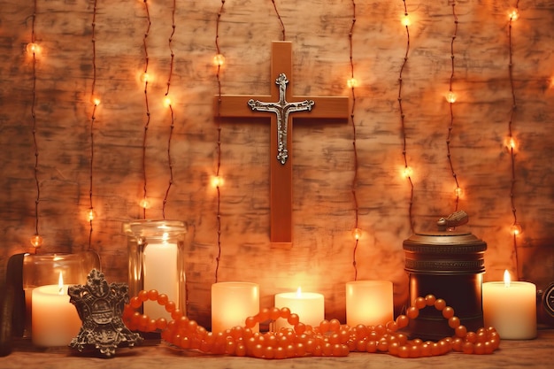 Una cruz está sobre una mesa con velas y luces a su alrededor.