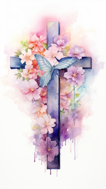 Foto cruz feita de flores de papel coloridas isoladas em um fundo branco