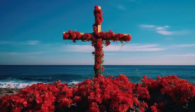 Foto cruz y flores durante el día de los muertos en méxico