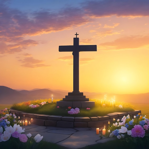Foto una cruz con flores y una puesta de sol en el fondo