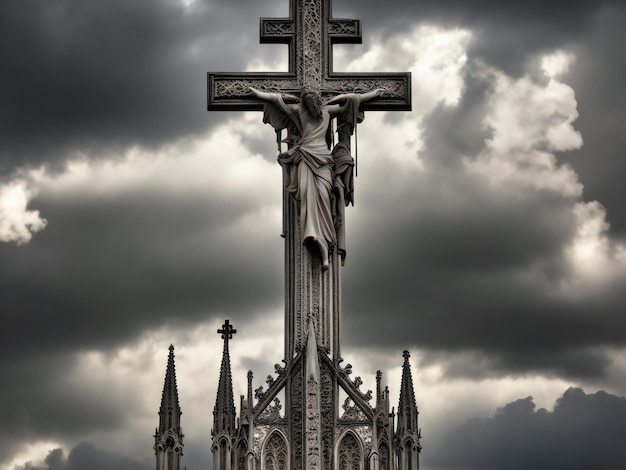 La cruz gótica de la catedral se yergue contra el espectacular cielo generado por el aire