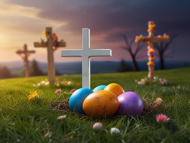 una cruz con huevos de Pascua en un campo con una cruz en ella