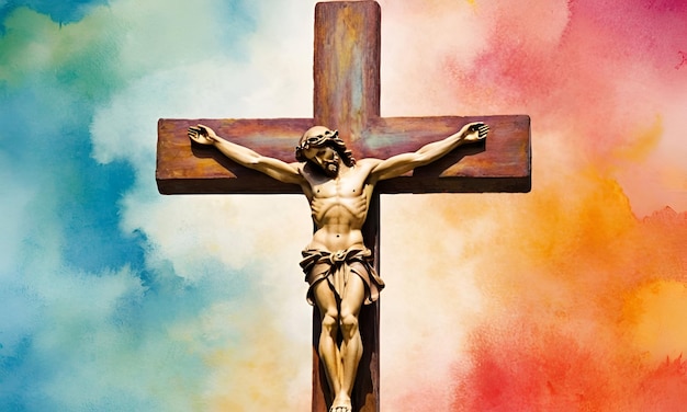 Cruz de Jesucristo en una ilustración de fondo de acuarela de colores