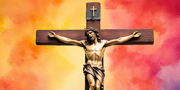 Cruz de Jesucristo en una ilustración de fondo de acuarela de colores