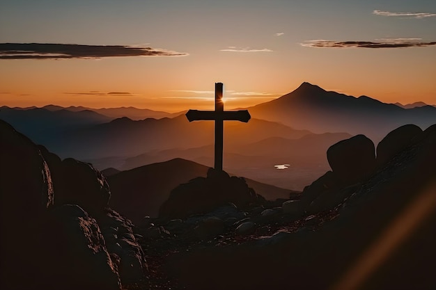 La cruz de Jesús en la cima de la montaña brillando en el resplandor de una puesta de sol cristiana bíblica