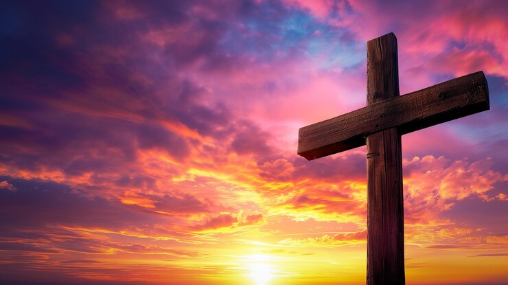 La cruz de Jesús en la colina del Calvario El dramático atardecer en el Gólgota