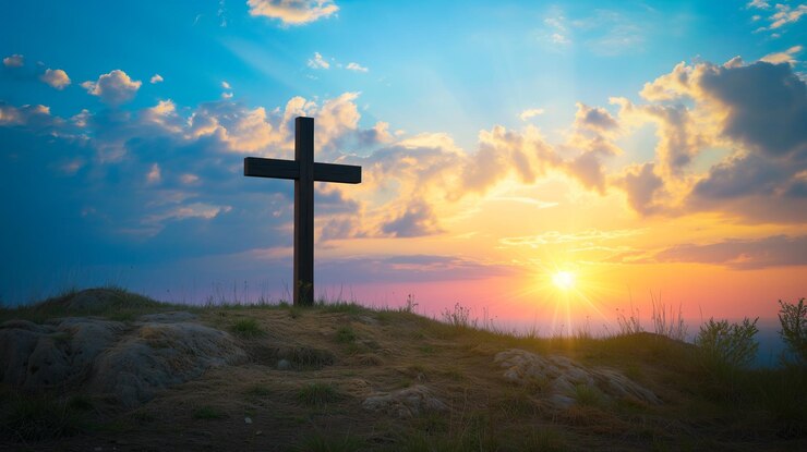 La cruz de Jesús en la colina del Calvario El dramático atardecer en el Gólgota