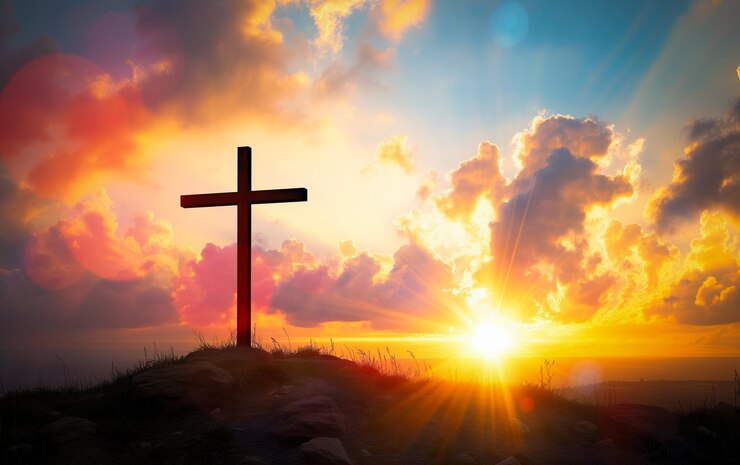 La cruz de Jesús en la colina del Calvario El dramático atardecer en el Gólgota