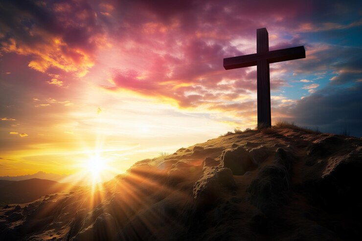 La cruz de Jesús en la colina del Calvario El dramático atardecer en el Gólgota