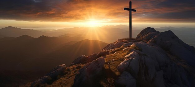 una cruz a la luz del sol en la cima de una montaña al estilo de Bess Hamiti