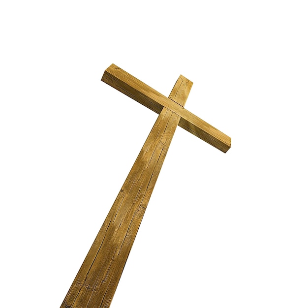 Cruz de madera desde abajo sobre un fondo blanco.