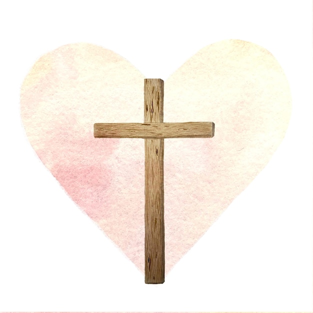 Cruz de madera de acuarela en un fondo de corazón de melocotón Tarjeta para el jueves santo de Pascua