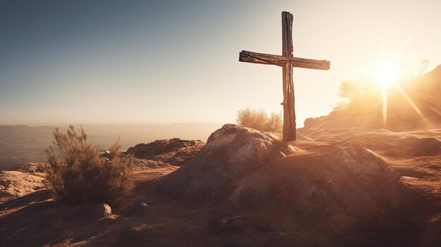 una cruz de madera en la cima de una colina con el sol