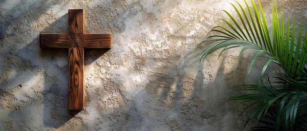 Foto una cruz de madera colgada en una pared al lado de una planta